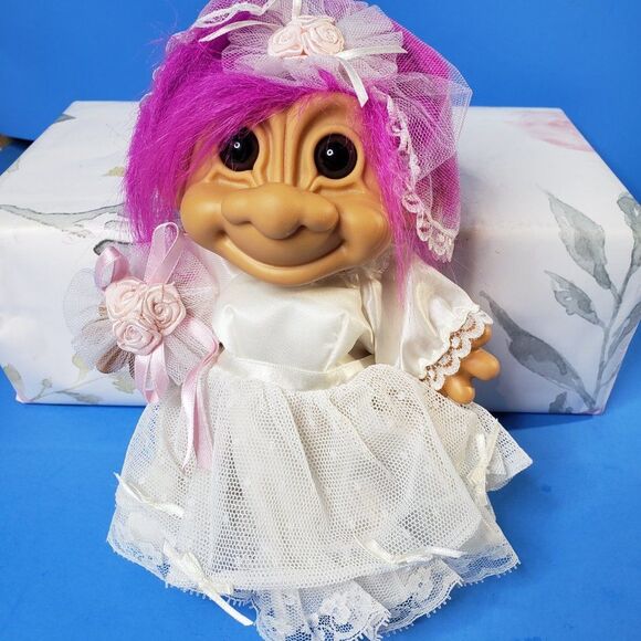 Ugly Cute Vintage  Russ Berrie Pink Hair Troll Bride Doll 8" with Garter Belt - Picture 2 of 11